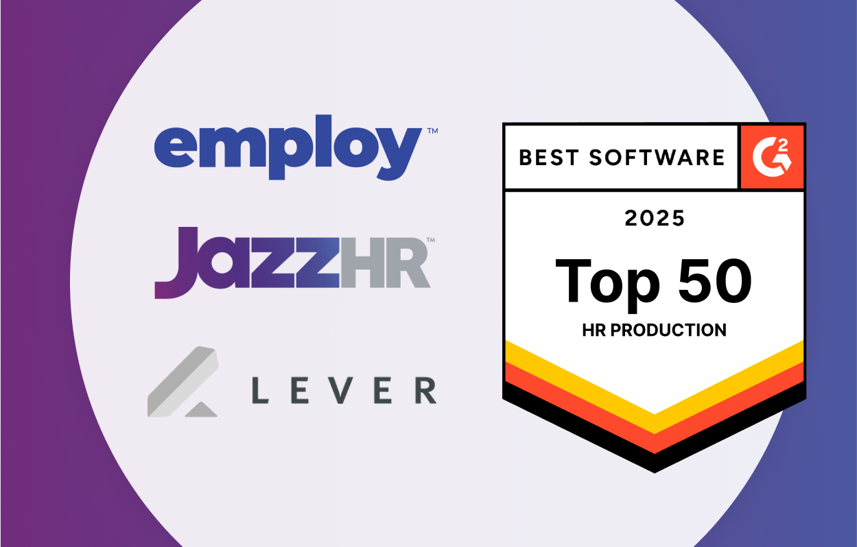 Logos of Employ, JazzHR, and Lever beside a G2 "Best Software 2025 Top 50 HR Production" award badge.