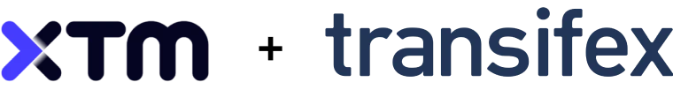Logo featuring the text "XTM" with an arrow symbol, followed by "transifex" in a modern font, on a transparent background.