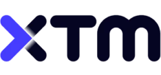 XTM logo with a stylized "X" in blue and bold "TM" in dark blue lettering.